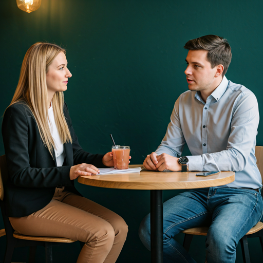 Two professionals having a discussion in a cafe